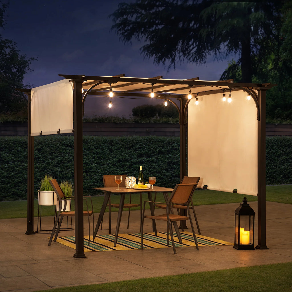 Sunjoy Diego 10x10 ft. Outdoor Patio Brown Steel Classic Frame Pergola with Retractable White Canopy Shade for Backyard, Garden Activities