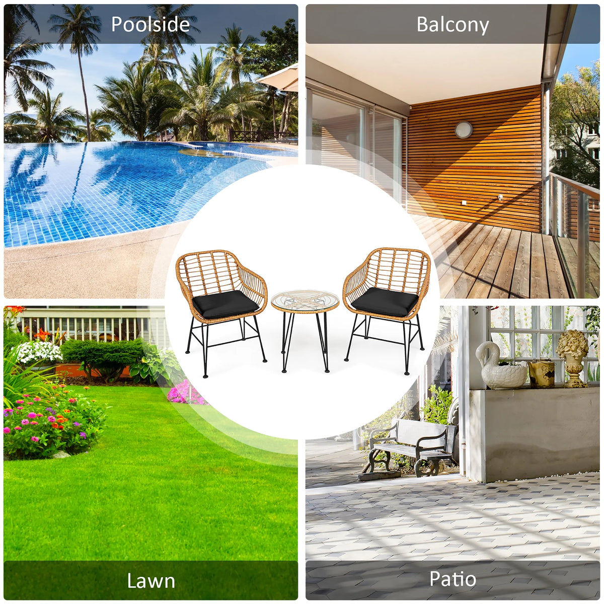 Costway 3PCS Patio Rattan Bistro Furniture Set Cushioned Chair Table Navy