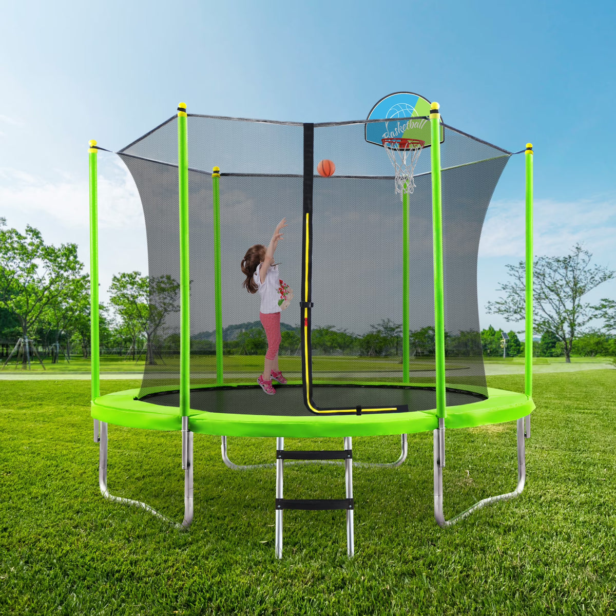 Noble House 8FT Outdoor Trampoline for Kids with Safety Enclosure Net, Basketball Hoop & Ladder, Blue