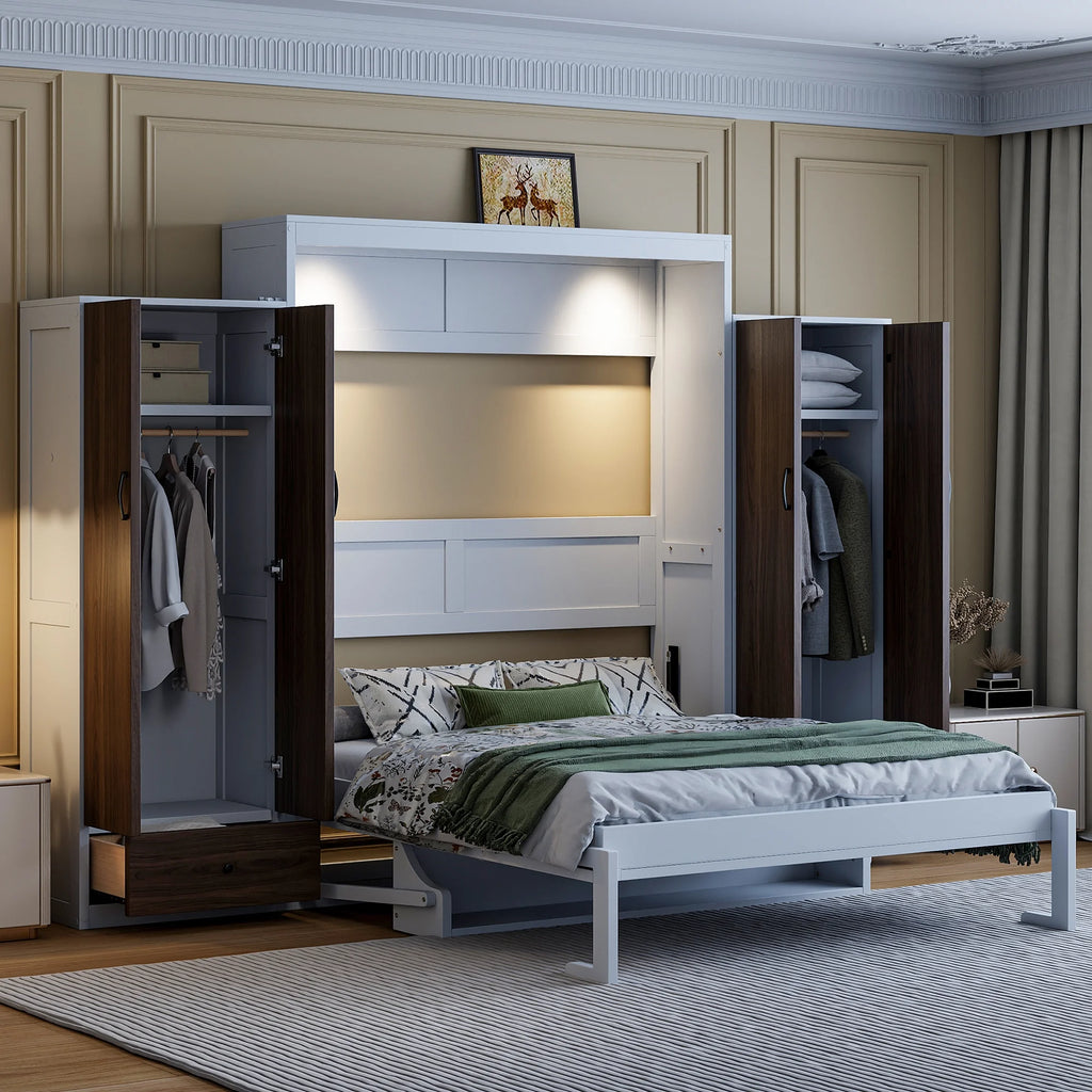Full Size Murphy Bed Wall Bed with Closet ,Drawers and Table,White