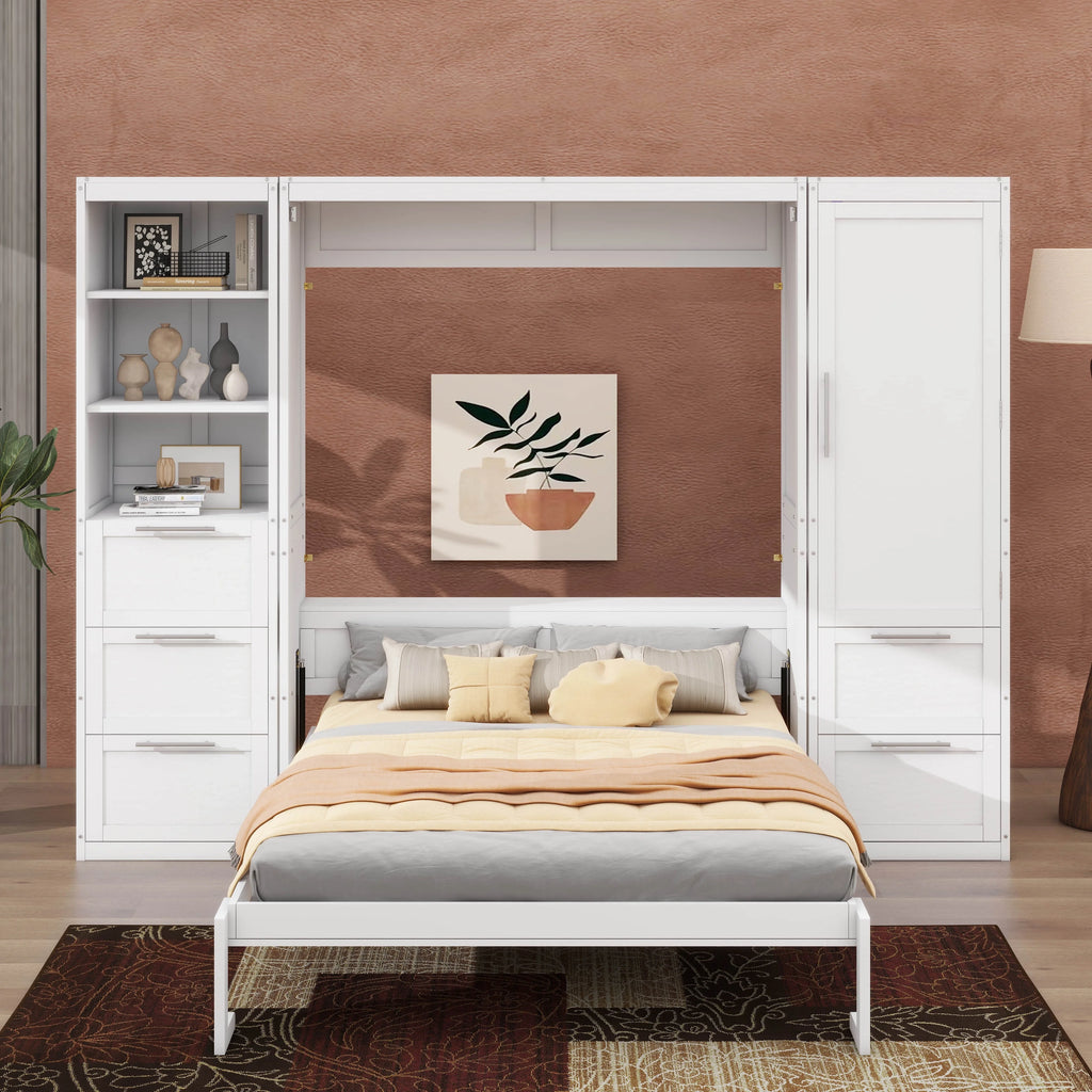 YunNianYang Queen Size Gray Murphy Bed Wall Bed with Closet ,Drawers and Shelves