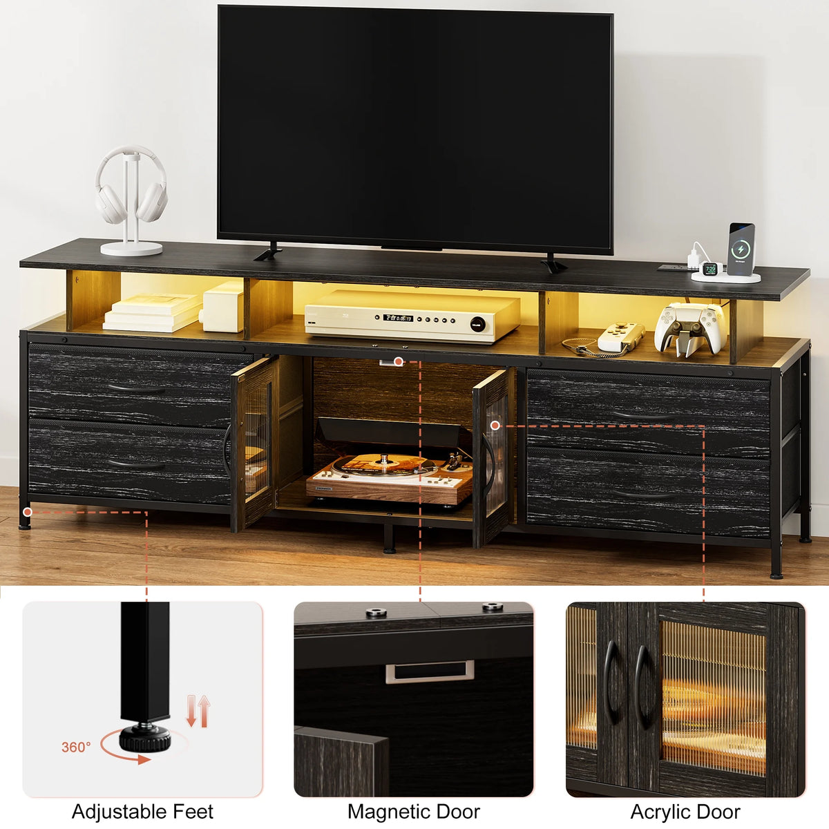 GUNAITO TV Stand for TV up to 70", Big TV Stand for Living Room Entertainment Center with LED Lights and 4 Fabric Drawers , Black