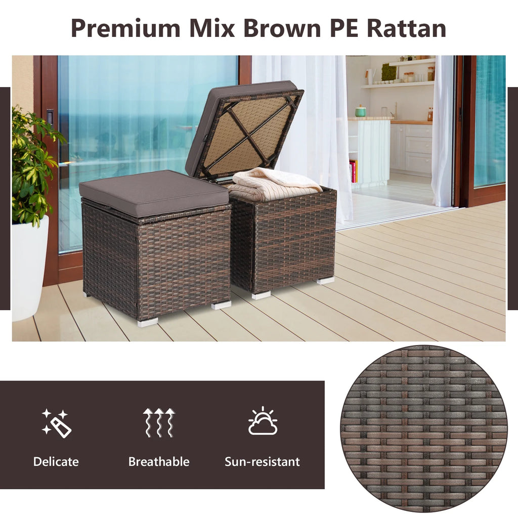 Costway 2PC Patio Rattan Ottoman Seat Side Table Storage Box Footrest Off White