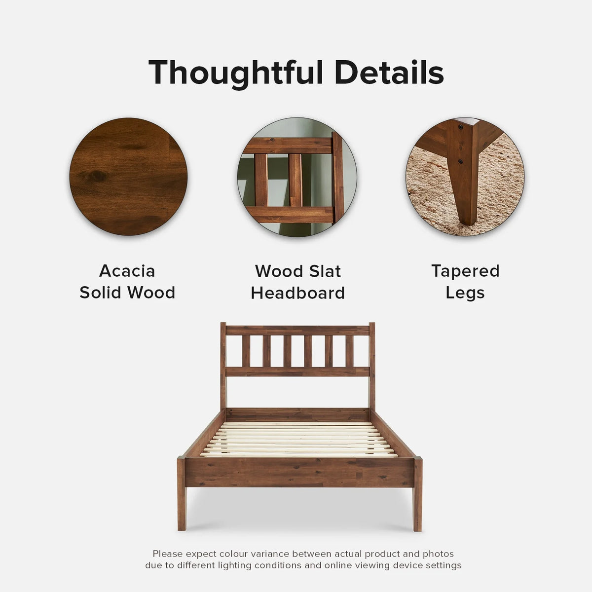 Mopio Ted Queen Bed Frame with Headboard, Full Size Bed Frame, Mid Century Modern Acacia Solid Wood Platform Bed Frame, Wooden Bed Slats, No Box Spring Needed, Double Metal Bar Support, Walnut