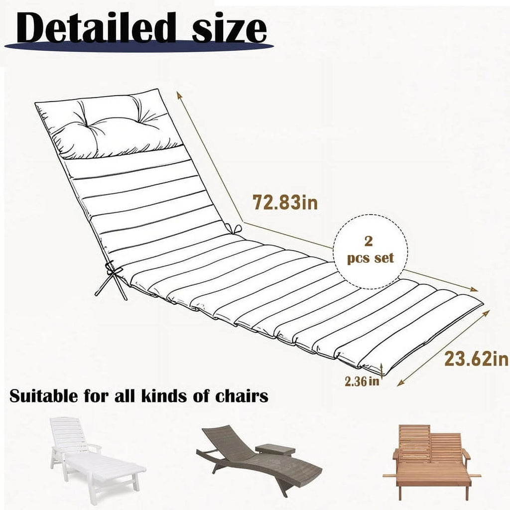 2pcs Outdoor Chaise Lounge Cushions, Waterproof Patio Foldable Chair Cushion for Garden Pool, 73 x 24in Sun Lounger Cushions for Outdoor Furniture Navy blue