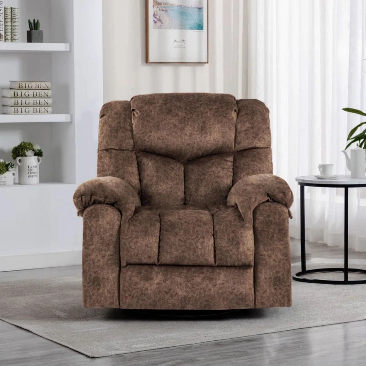 Colerline 35.43" Wide Modern Velvet Upholstered Heating & Massage Swivel Reclining Rocker Chair with Hidden Cupholders for Living Room and Bedroom, Brown