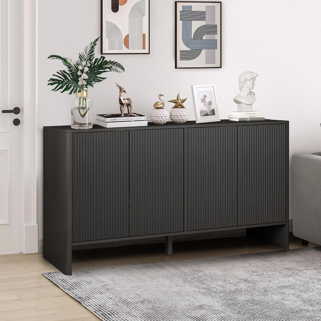 Wirrytor Sideboard Storage Cabinet with Doors and Shelves, Buffet Cabinet with Storage, Credenza Storage Cabinet for Kitchen, Wooden Fluted Cabinet, Under TV Cabinet with Storage - Black