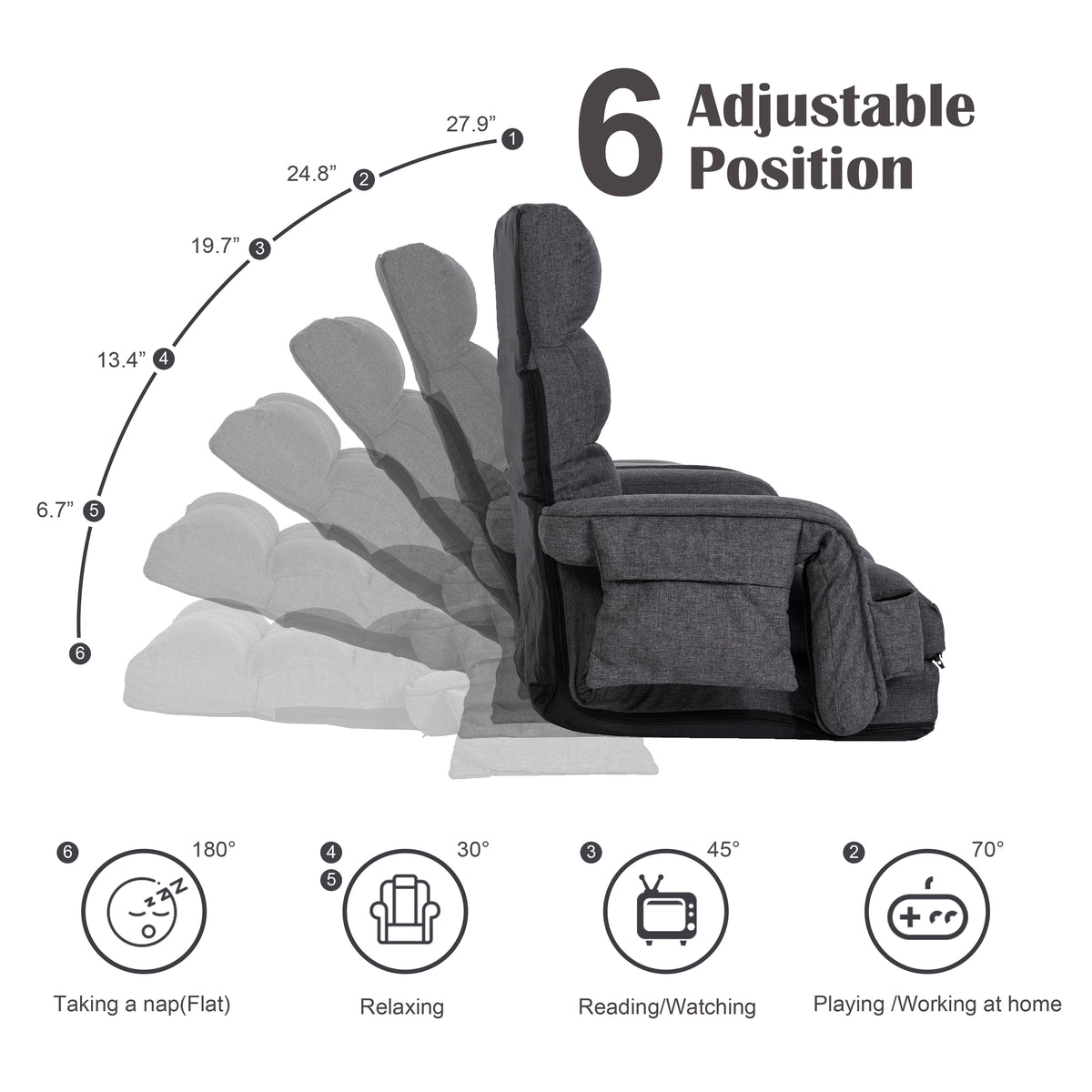 Prime Garden Floor Chair 6-Position Folding Gaming Chair for Meditation Indoor, Light Gray