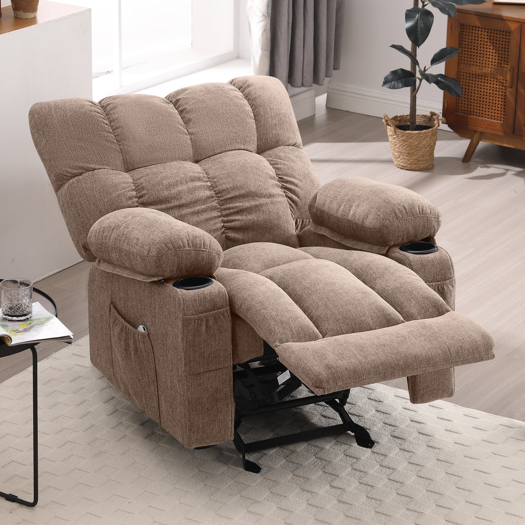 JONPONY Manual Recliner Chair with Heat Therapy and Massage Function, Heavy Duty Reclining Mechanism Massage Chair, Elderly Single Rocker Sofa with Cup Holders for Bedroom Home Theater,Grey