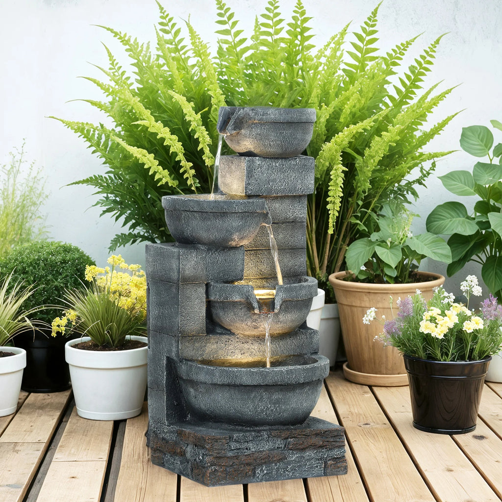 Outsunny 30" Outdoor Fountain with Lights, 4-Tier Resin Cascading Water Bowls Garden Fountain with Pump, Gray
