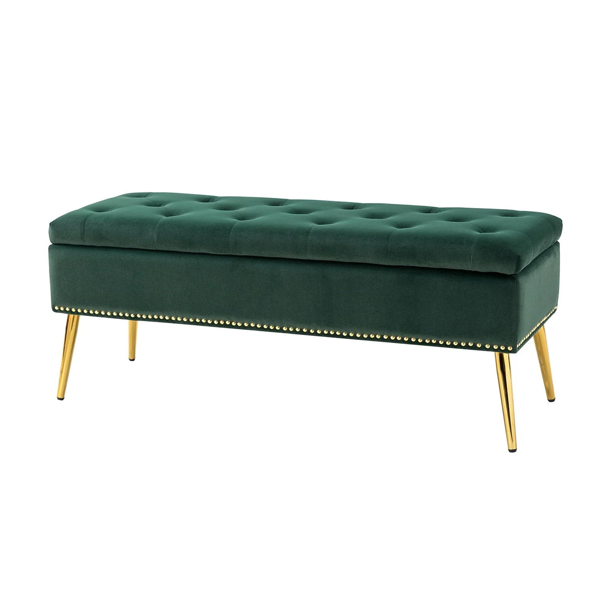 14 Karat Home Velvet Storage Ottoman Bench Gold Leg Upholstered Nailhead Trim Button Tufted Footstool Entryway Bedroom Living Room Pink