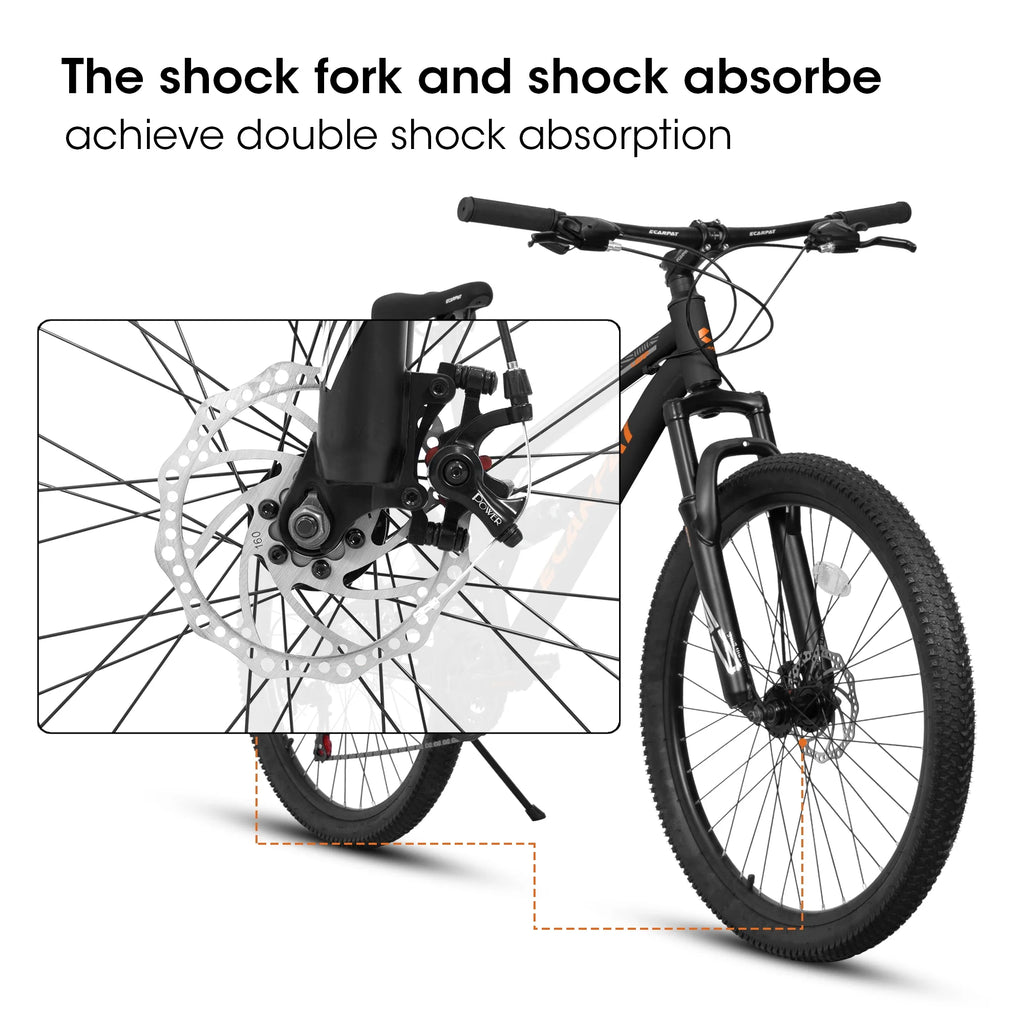 26-Inch Mountain Bike for Men & Women, 21-Speed, Steel Frame with Front Fork and Rear Shock Absorber(Black)