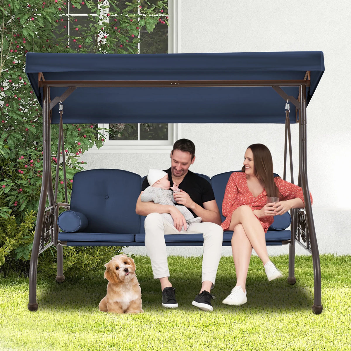 Homrest 3 Seat Outdoor Porch Swing with Adjustable Canopy, Cushions, and Cup Holder - Wine Red