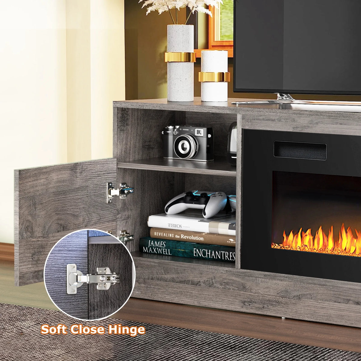 Waleaf Fireplace tv Stand with 36 inch Fireplace Up to 80" TVs,LED Light Entertainment Center and Storage