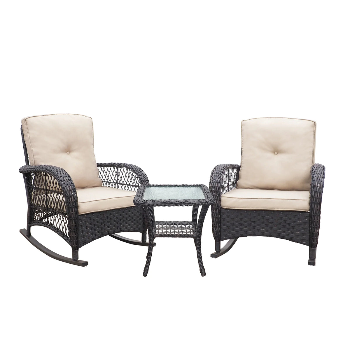 JP Outdoor 3Pcs Outdoor Wicker Rocking Porch Chairs with Coffee Table,Kahki