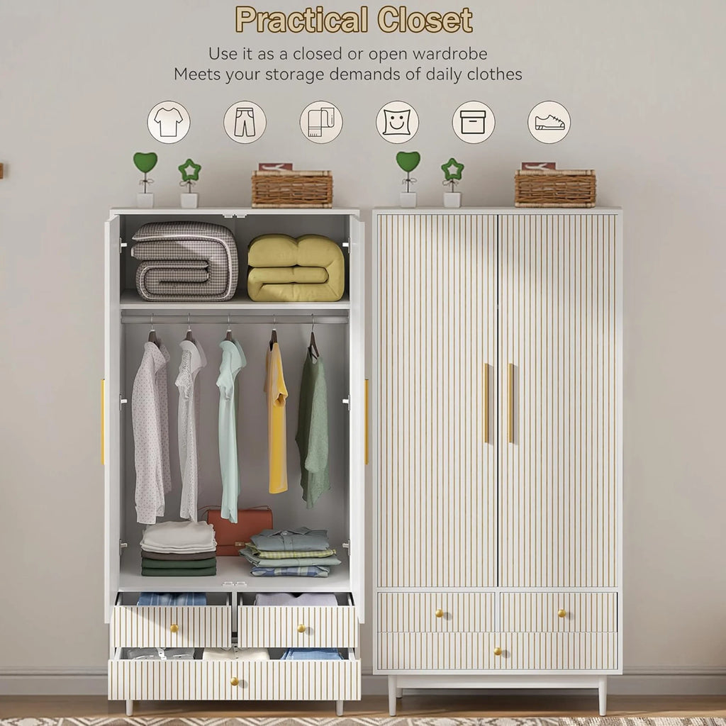 Oubayajia Wardrobe Armoire Closet, 2 Fluted Doors Wardrobe Cabinet with 3-Drawer and Hanging Rod, Wood Wardrobe Storage for Bedroom