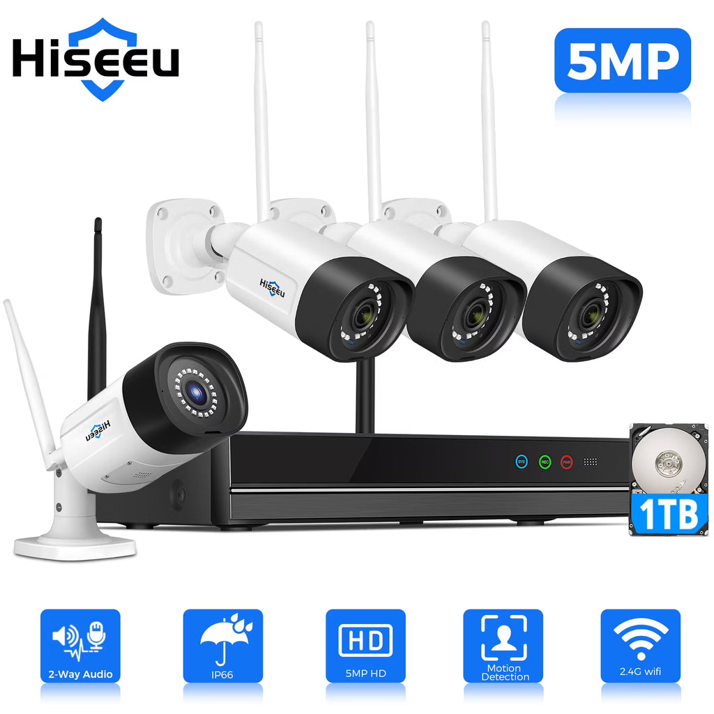Hiseeu Wireless Security System w/ 4 Cameras, 2 Way Audio, & 1TB Hard Drive