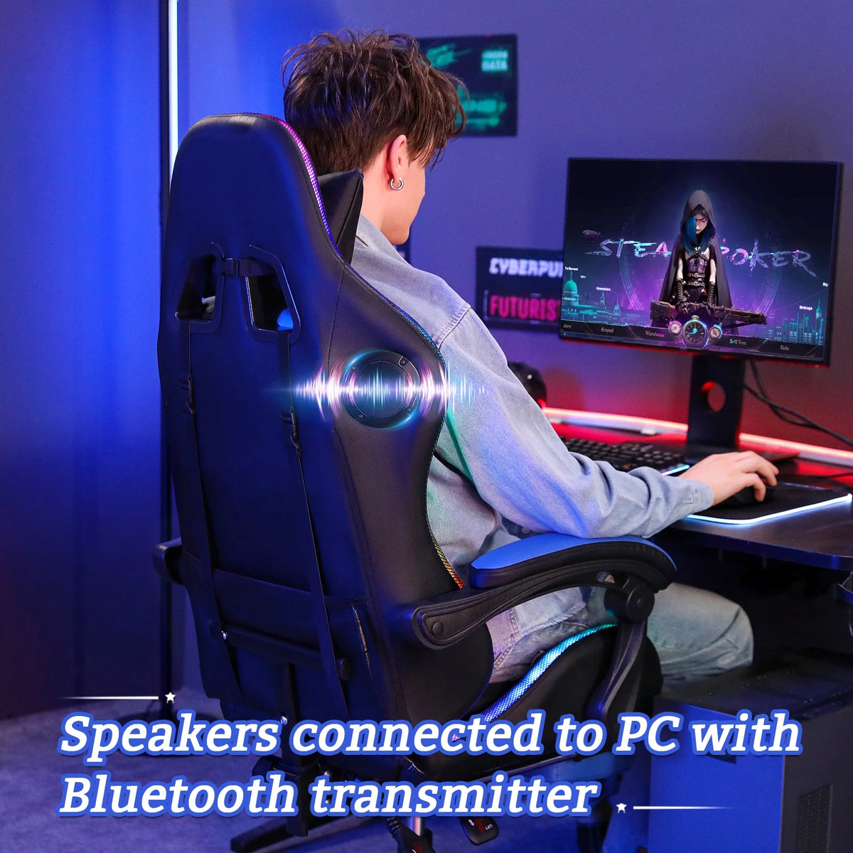 Hoffree Gaming Chair with Speakers PU Leather Office Chair with Footrest and LED Lights Ergonomic Gamer Chair with Massage Lumbar Support and Headrest Adjustable Swivel for Home Office 300lb
