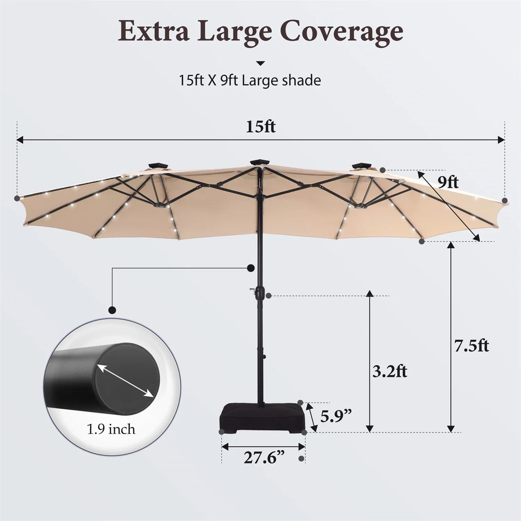 Summit Living 15 FT Double-Sided Solar Patio Umbrella with Base Large Outdoor Umbrella with LED Solar Lights - Haze Blue