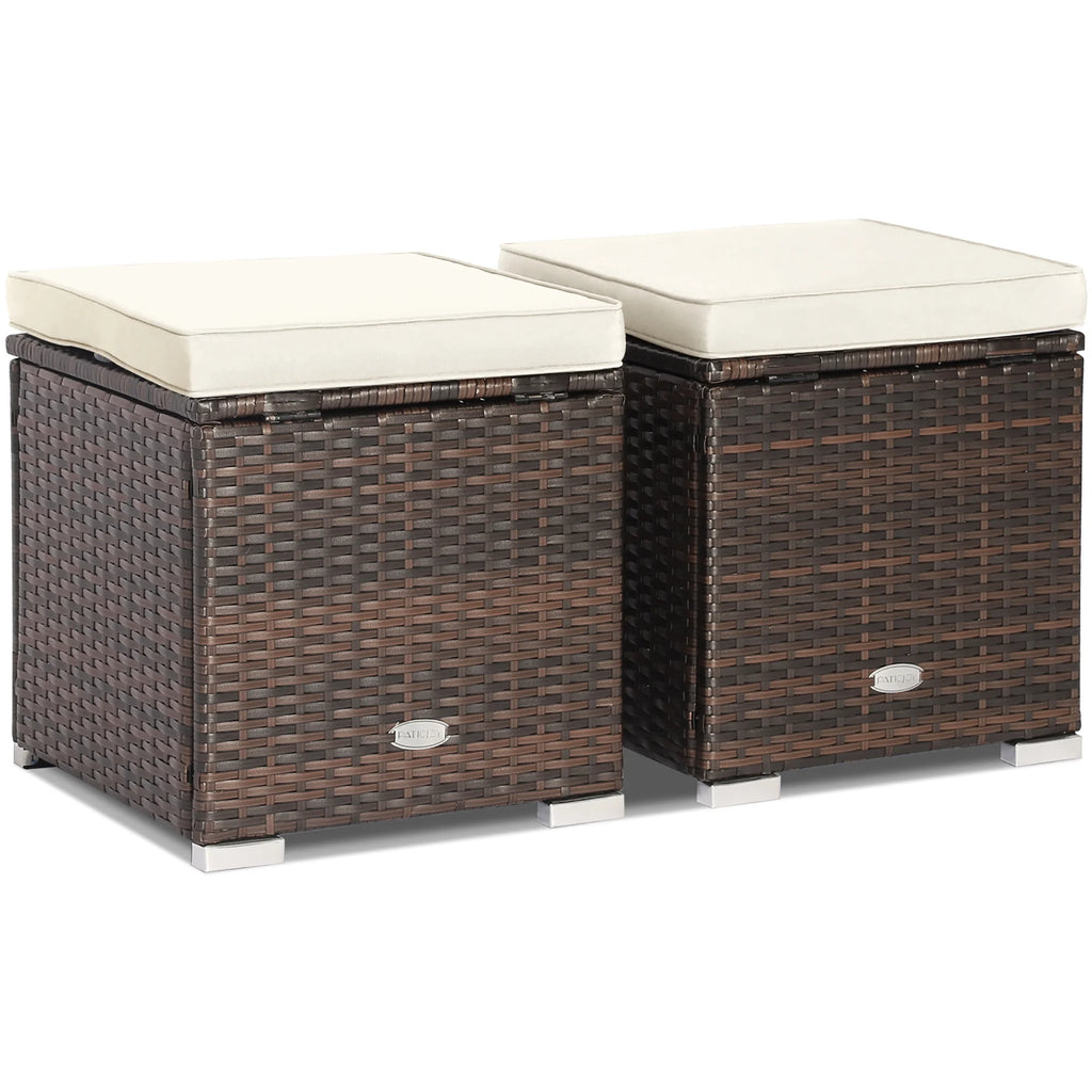 Costway 2PC Patio Rattan Ottoman Seat Side Table Storage Box Footrest Off White