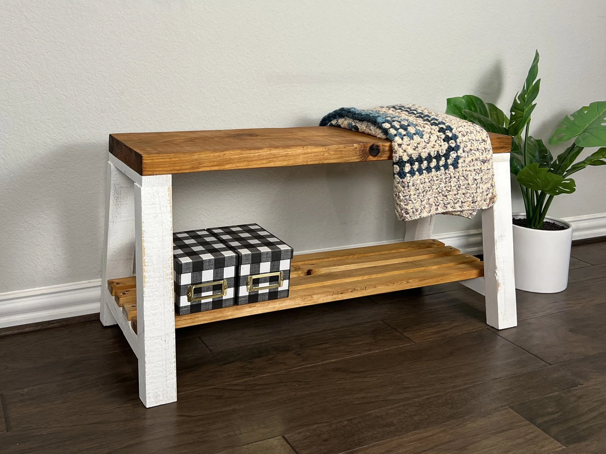 Farmhouse Pine Wood Storage Shelf Bench, Lt Brown White