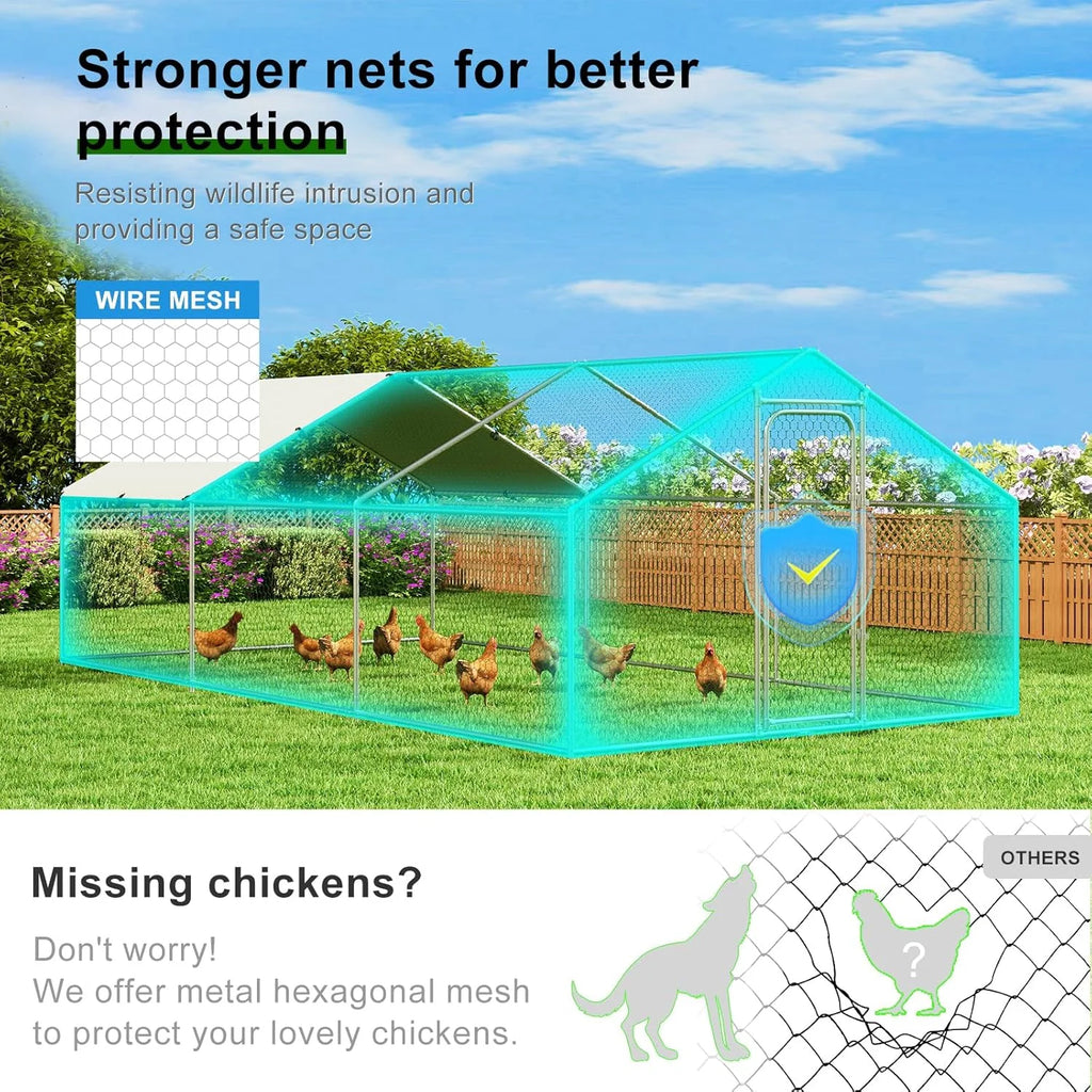 Large Metal Chicken Coop Walk-in Poultry Cage with Waterproof and UV-Resistant Cover Outdoor Chicken Run Hen Rabbit Duck House for Backyard Farm Use Spire Roof(10 W x 4.9 L x 6.4 H)