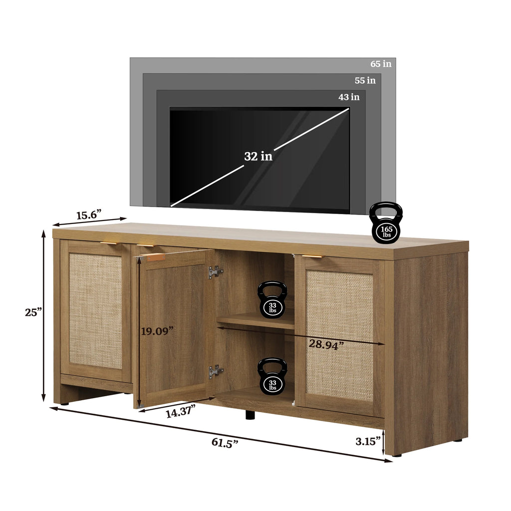 SICOTAS 61.5"W Rattan TV Stand with 4 Doors, Boho Entertainment Center with Adjustable Shelves & Spacious Countertop Large Boho Farmhouse Media Console for Living Room, Reclaimed Caramel Oak