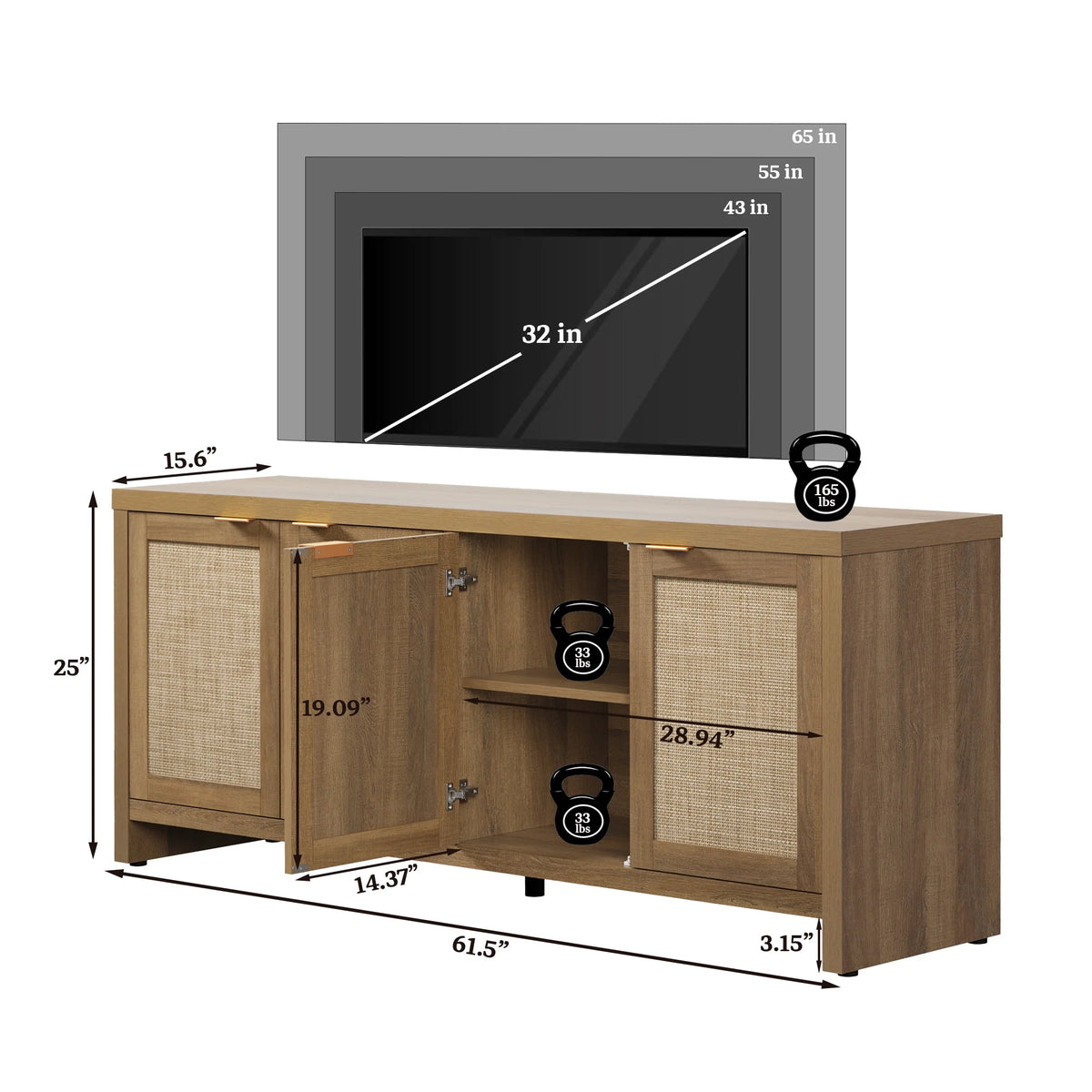 SICOTAS 61.5"W Rattan TV Stand with 4 Doors, Boho Entertainment Center with Adjustable Shelves & Spacious Countertop Large Boho Farmhouse Media Console for Living Room, Reclaimed Caramel Oak
