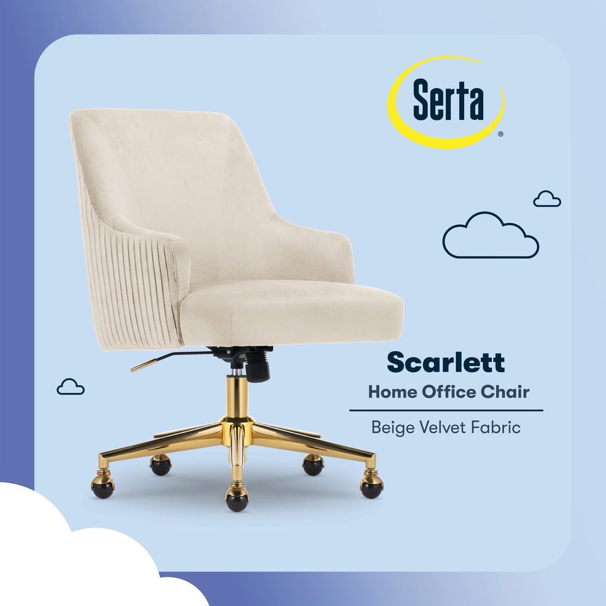 Serta Scarlett Modern Mid-Back Office Chair Velvet Fabric Gold Metal Base Beige