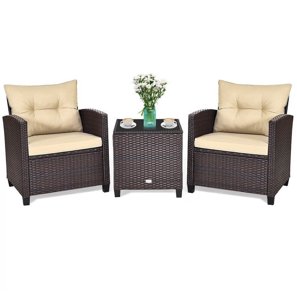 Spaco Patio Furniture 4 Pieces Patio Rattan Furniture Set, Outdoor Wicker Rattan Chairs Garden Backyard Balcony Porch Poolside loveseat with Coffee Table Cushioned Sofa-White