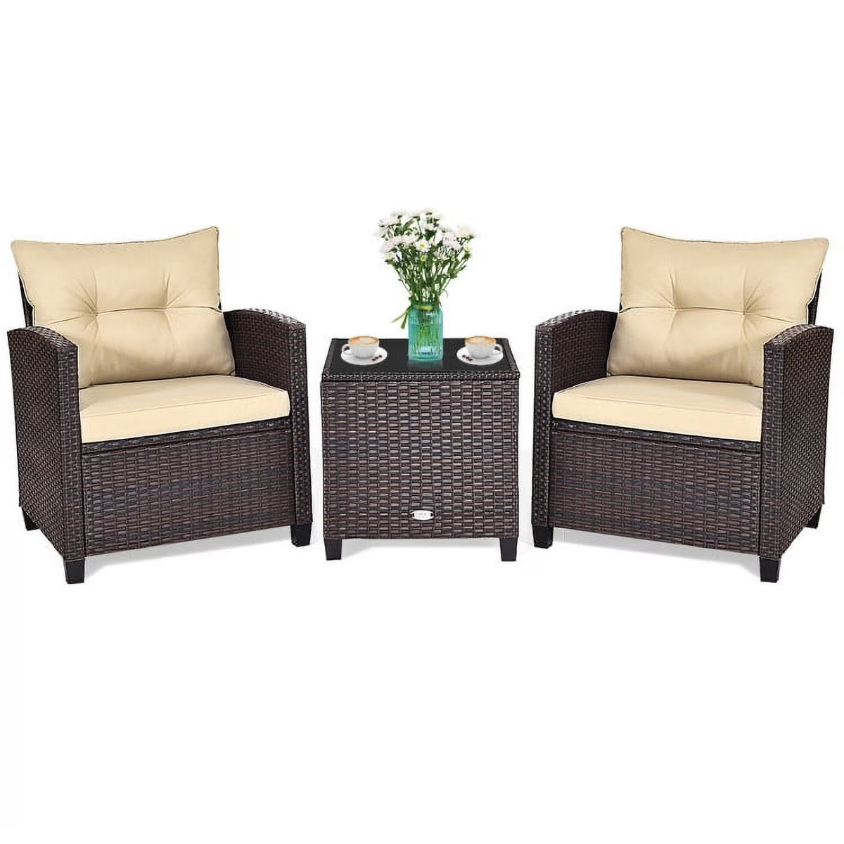 Spaco Patio Furniture 4 Pieces Patio Rattan Furniture Set, Outdoor Wicker Rattan Chairs Garden Backyard Balcony Porch Poolside loveseat with Coffee Table Cushioned Sofa-White