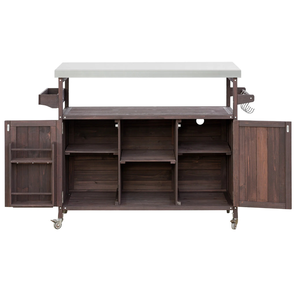 Outdoor Kitchen Island, Rolling Bar Cart & Storage Cabinet, Farmhouse Solid Wood Outdoor Grill Table with Stainless Steel Top, Spice Rack , Towel Rack for Kitchen & BBQ , Natural