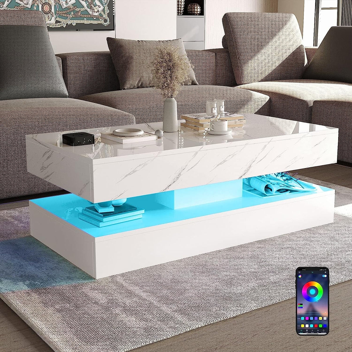 ChVans Large Black LED Coffee Table with 2 Storage Drawers, Modern High Gloss Coffee Table w/20 Colors LED Lights/APP Control, 2 Tiers Rectangle Large Living Room Furniture w/Marbling Print(47.3")