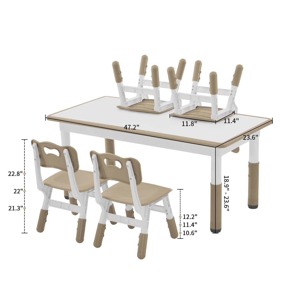 Toddler Table and Chairs Set for 4, 47.2''L x 23.6''W Kids Study Table and Chair Set, Height-Adjustable, Graffiti Desktop, Children Activity Table for Daycare, Classroom, Home