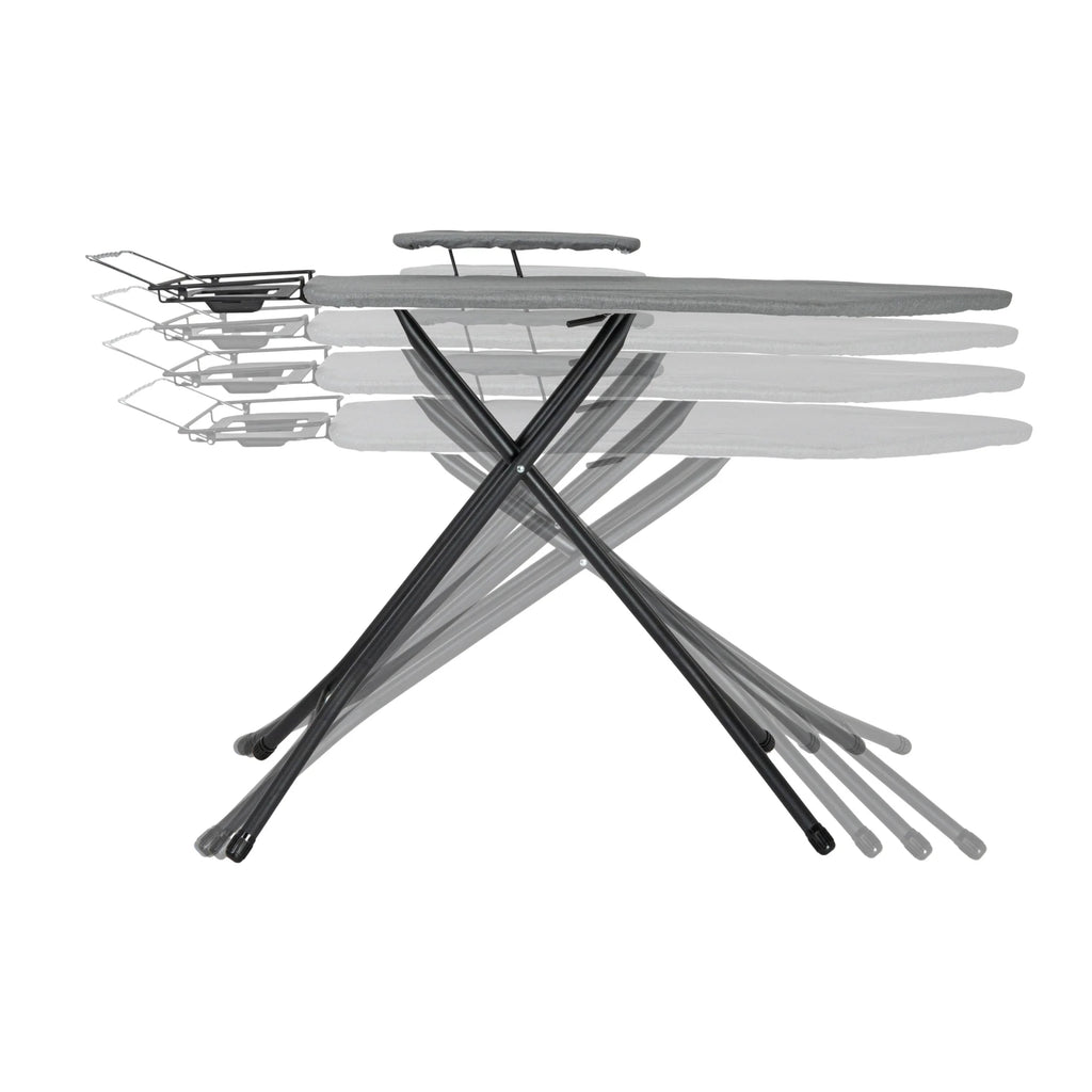 Household Essentials Wide Mega Ironing Board 4-Leg, Steel Top Pressing Station, Heat-Resistant Fiber Pad and Cotton Cover, Includes Sleeve Board and Iron Rest with Hanger Bar, Silver Frame