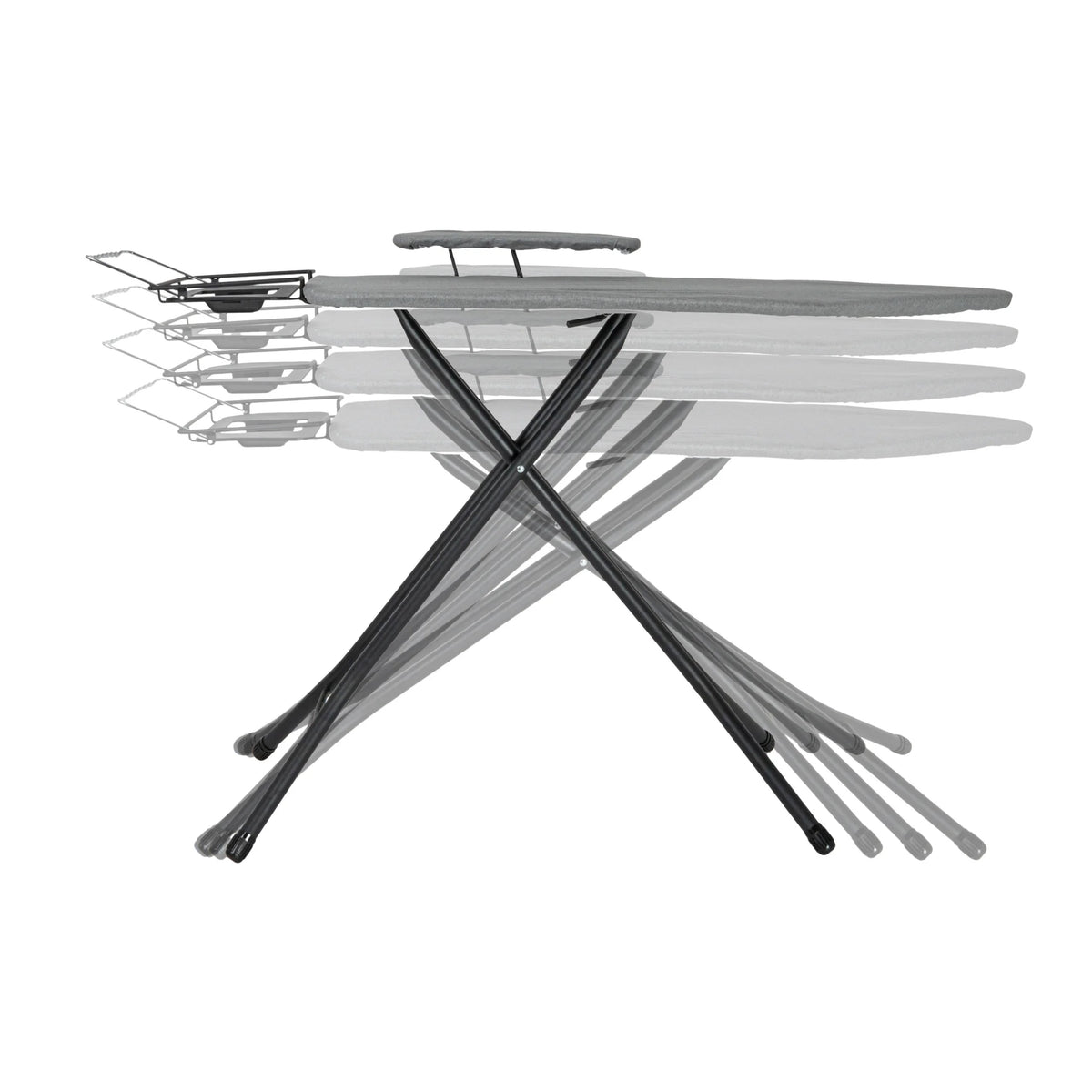 Household Essentials Wide Mega Ironing Board 4-Leg, Steel Top Pressing Station, Heat-Resistant Fiber Pad and Cotton Cover, Includes Sleeve Board and Iron Rest with Hanger Bar, Silver Frame
