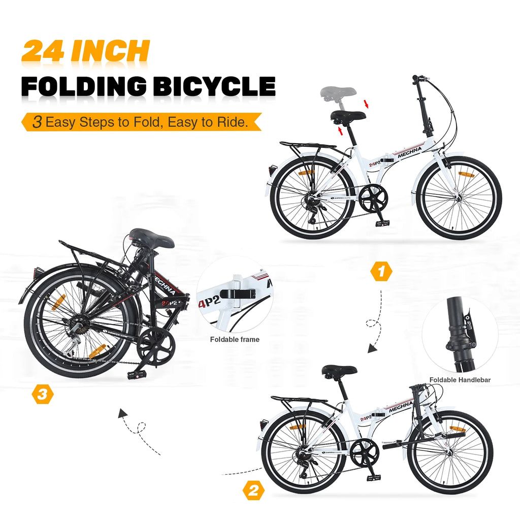 Meghna 24 inch Folding Bike 7 Speed V Brake City Commuter for Men Women Daily Commuting Black