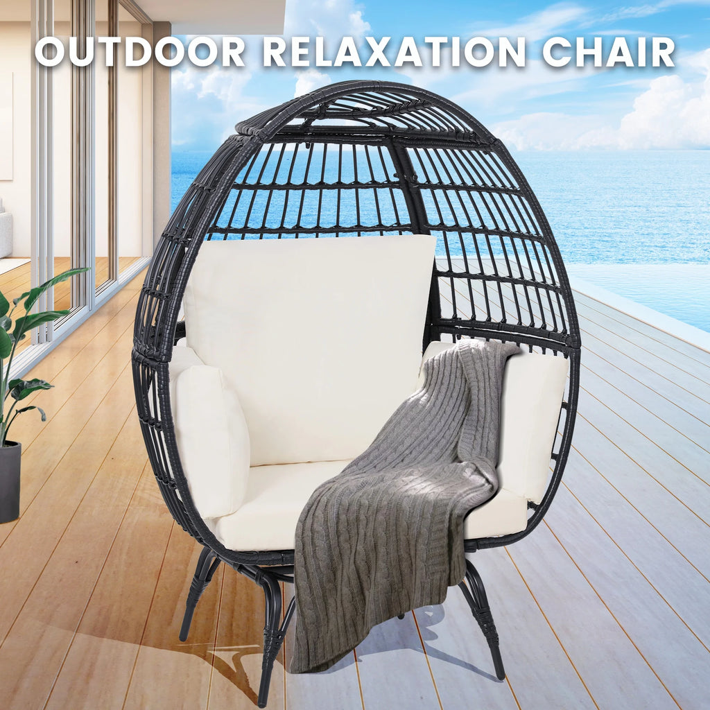 Skandiquip Oversized Rattan Adult Egg Chair, 360 Swivel, Outdoor Patio Chair with overstuffed Cushions, Indoor Large Wicker Egg Chair, Natural Rattan, Beige Cushion