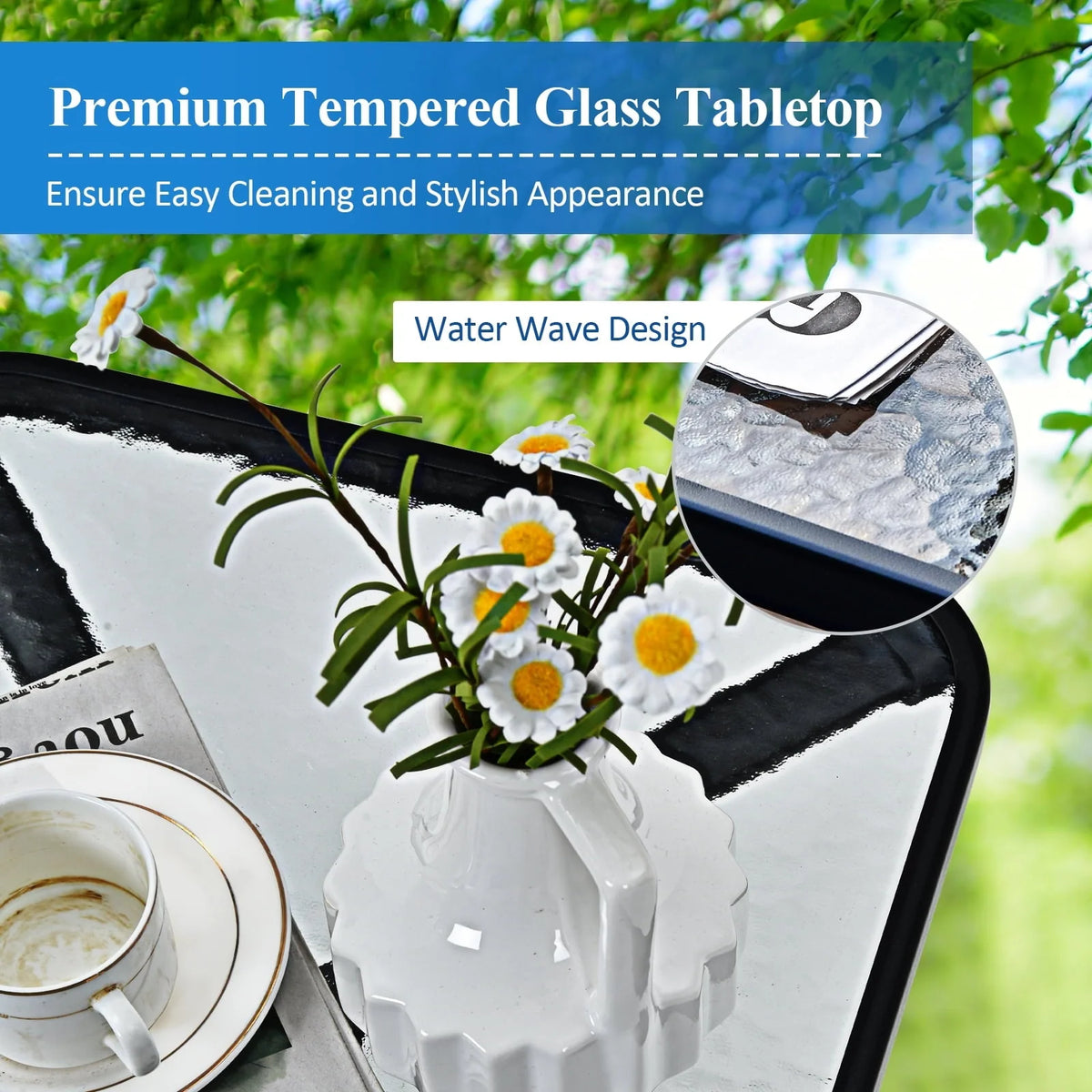 Costway 3PCS Bistro Set Folding Adjustable Chairs Square Glass Table Garden
