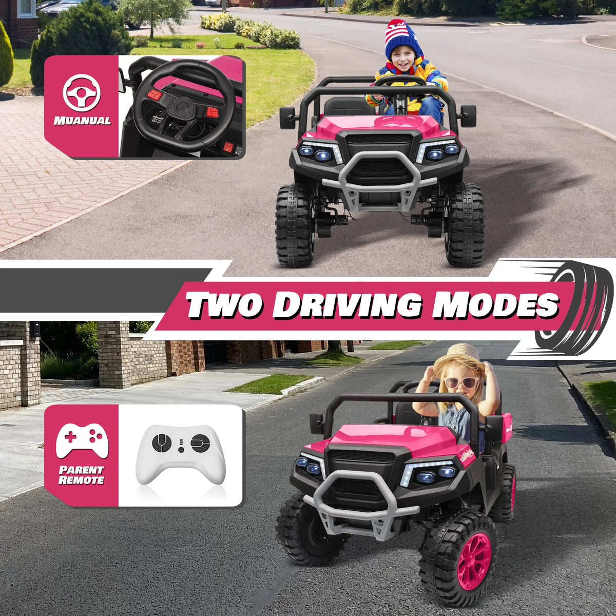 Joyracer 4WD 24 Volt Ride on Toys UTV with 2 Seater & Remote Control, Kids Electric Golf Cart w/ 4x200W Power Motors, Tiltable Trailer & Shovel, 4 Wheels Spring Suspension, Bluetooth USB Music, Black