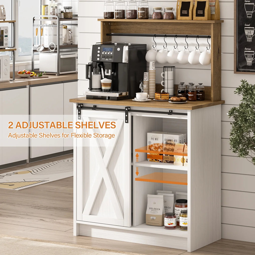 Catrimown Coffee Bar Cabinet, Barn Door Sideboard Buffet Cabinet with Storage, White