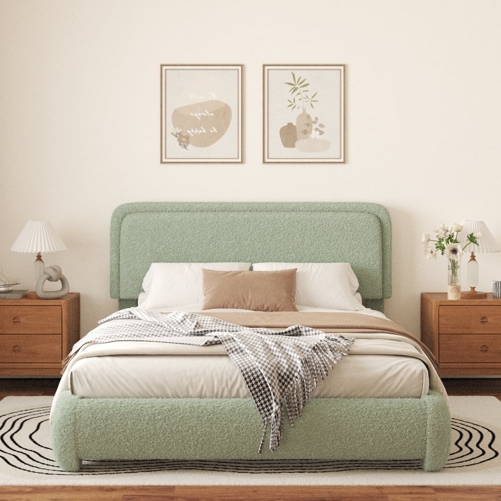 VIPLOV King Size Boucle Bed Frame, Cloud Upholstered Platform Bed with Height Adjustable Headboard & Soft Rounded Corners, No Noise Free, Easy Assembly,Beige