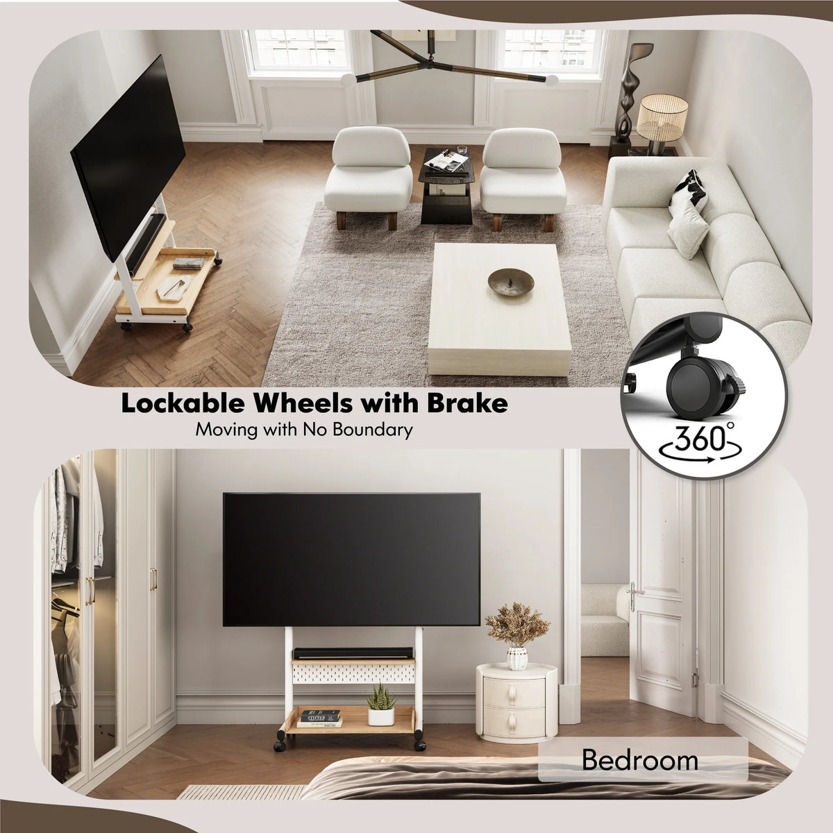 FITUEYES Rolling TV Stand with Wheels for 40-85 inch TVs, Height Adjustable Mobile TV Stand TV cart with Wooden Large Storage,White