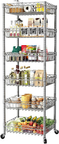 6 Tier Wire Shelving Unit with Wheels Baskets Storage Rack Corner Shelves Adjustable Shelf Closet Bathroom Organizers Metal Pantry Kitchen Garage Laundry Room 13.5" D x 13.5" W x 63" H Silver