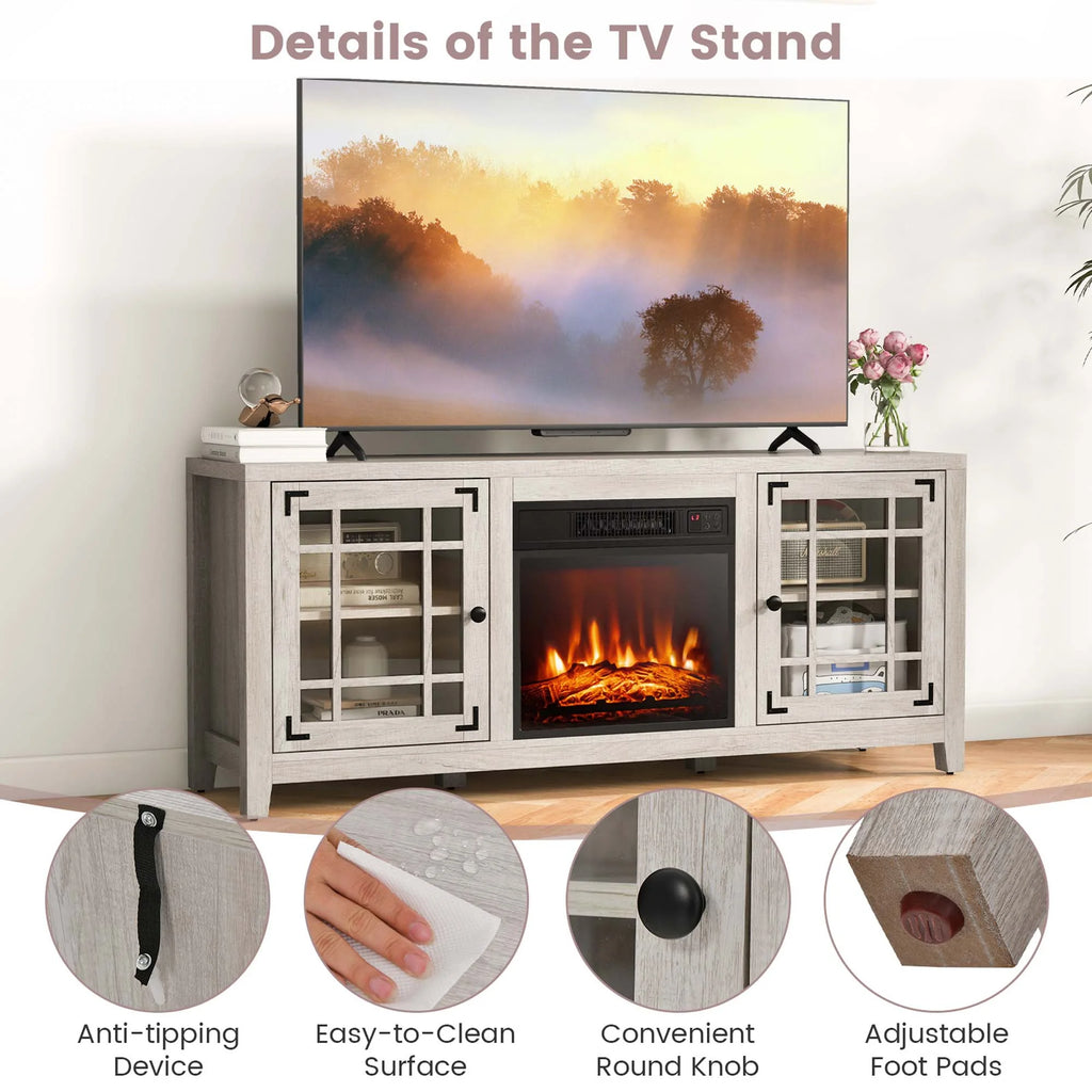 Costway 58 Inches Fireplace TV Stand for TVs up to 65 Inches with 1400W Electric Fireplace Natural