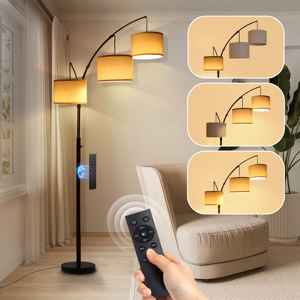 Netin 80 3-Light Modern Dimmable Black Arc Floor Lamp with Beige Shades