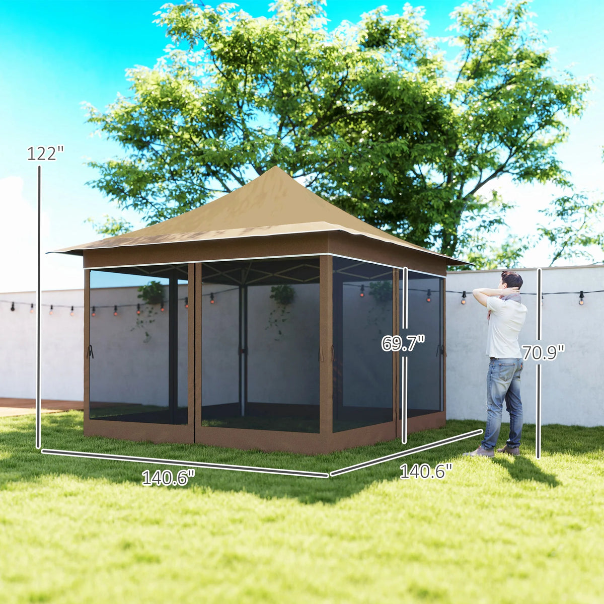 Outsunny 12 x 12 ft. Pop Up Canopy Tent with Mesh Netting, Height Adjustable, UPF50+ Instant Sun Shelter, Beige