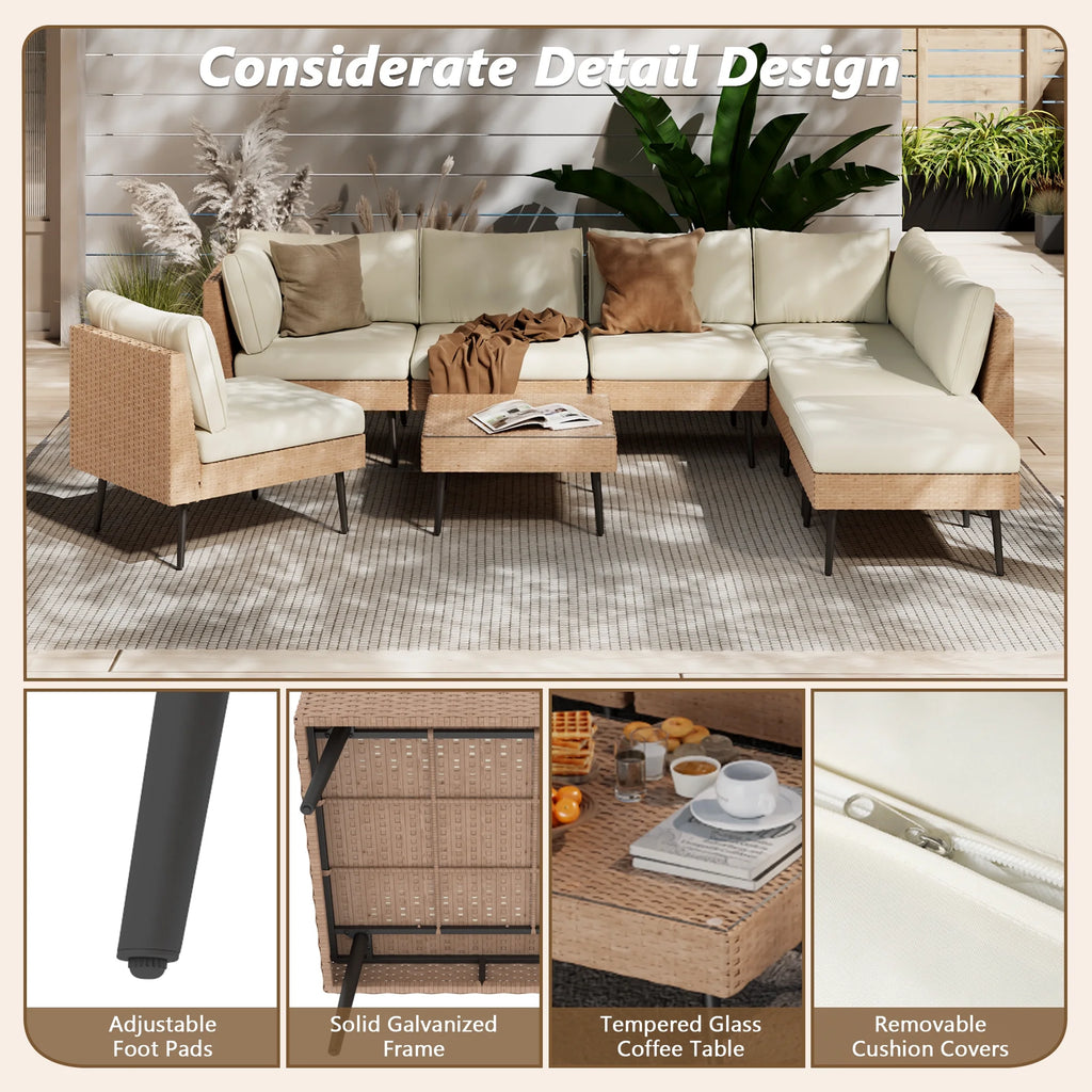ENSTVER 8-Piece Wicker Outdoor sectional Patio Furniture Set with Additional Waterproof Cover, Conversation Patio Furniture with Washable Thick Cushions for Garden, Backyard, Poolside