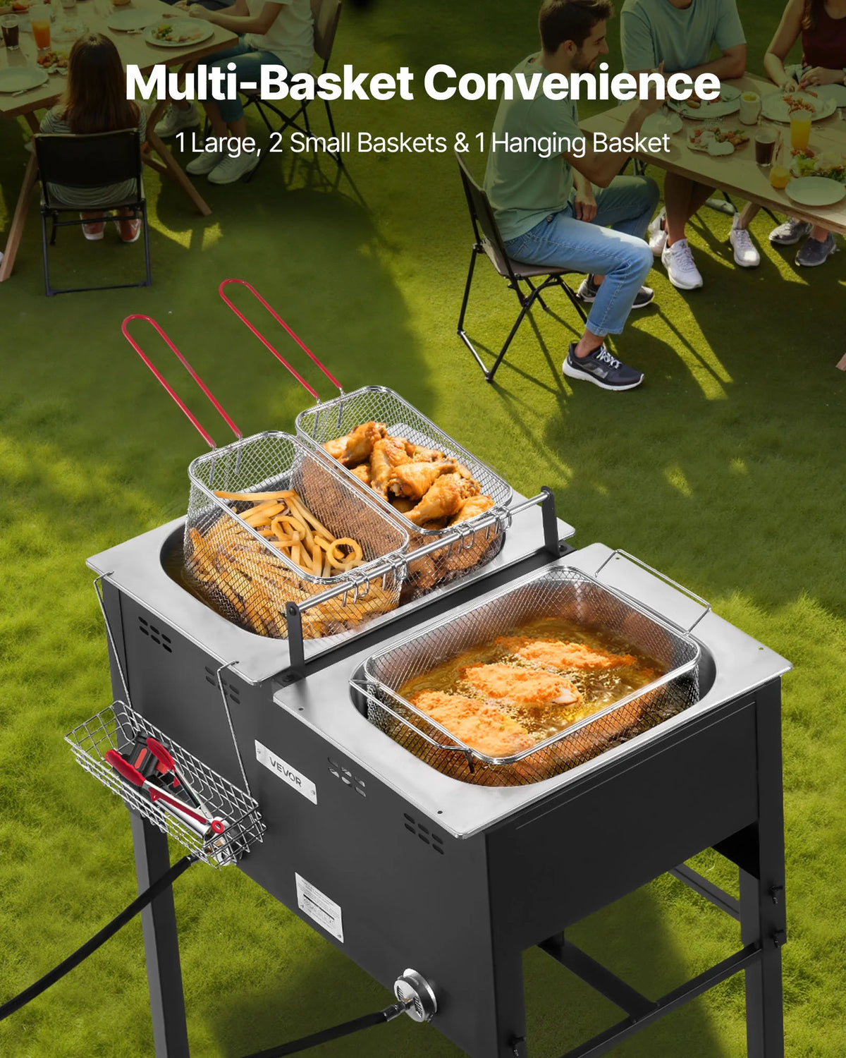 VEVOR Outdoor Propane Deep Fryer, Dual-Tank 16QTx2 Large Capacity Commercial Fryer,Stainless Steel Fish Cooker with 3 Basket,Thermometer,Floor Standing Fryers for Catering Event Camping,50,000 BTU