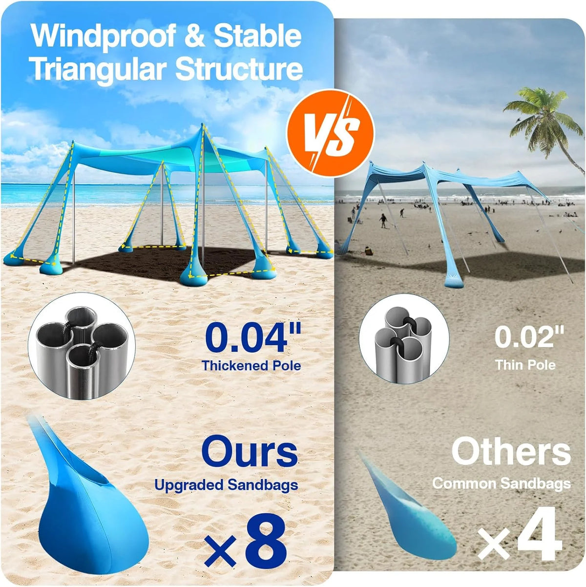 Rhino Valley Beach Tent Sun Shelter, Beach Canopy Tent Sun Shade U PF 50+ Protection with 8 Sandbags 4 Stability Poles, Outdoor Beach Shade Canopy for Beach, Camping, Fishing